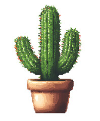 A detailed depiction of a potted cactus, rendered in a pixel art style, showcases the plant's striking features, isolated on transparent background