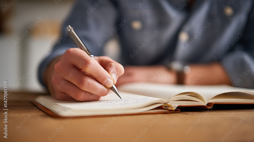 Poster Focused writer jots down important notes in an open notebook with a pen