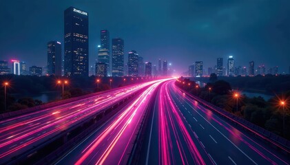 Fototapeta premium Futuristic cityscape at night, glowing fiber optic cables representing the information superhighway , buildings, bright