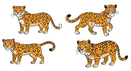 Four Jaguares Cartoon Illustration Set Wildlife Animal