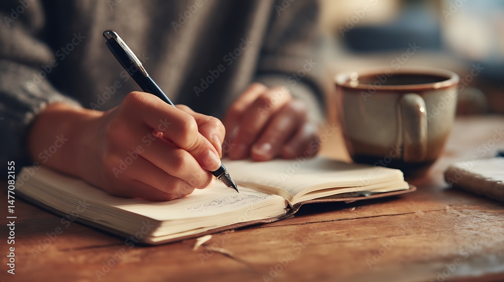 Poster Focused writer jots down important notes in an open notebook with a pen
