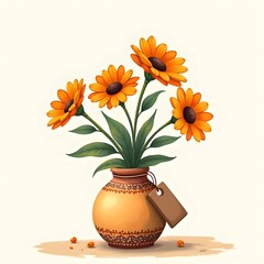 Obraz premium Sunny Splendor: Hand-Painted Orange Daisies in Clay Vase Greeting Card