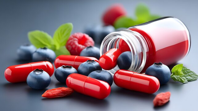A vibrant assortment of vitamins and supplements displayed with fresh berries and mint leaves. Ideal for promoting health and wellness in dietary contexts.