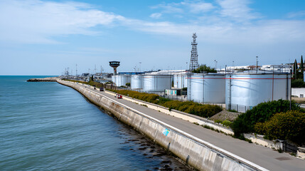 Coastal Fuel Storage Zone With Sea Wall Security And Industrial Layout, Designed For Logistics Visuals, Energy Infrastructure Branding, And Risk Assessment Reports