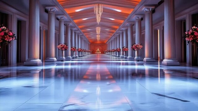 Grand Hallway with Marble Floor and Floral Decor