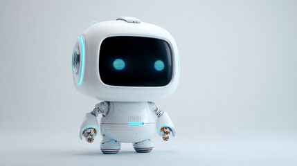 Cute robot with expressive LED face, clean white background