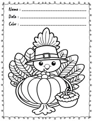 Thanksgiving Coloring Pages For Kid and adult.  
High resolution (300 DPI), 
Ready to print on standard 8.5x11 inch paper With No Bleed, 
Black and White. 
Vector illustration AI, EPS, PNG, JPEG.