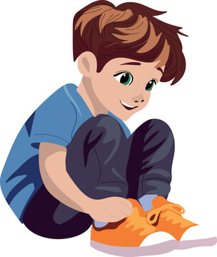 boy tying orange shoe, blue shirt clip art preview