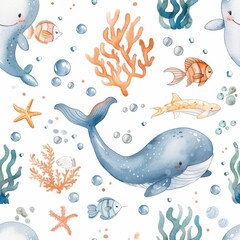 Fototapeta premium seamless pattern of cute cartoon fish, jellyfish, starfish, and sea plants, bright pastel colors, underwater world theme