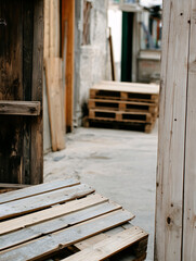 Obraz premium Rustic Wooden Pallets in a Narrow Alleyway A Grunge Photography Scene