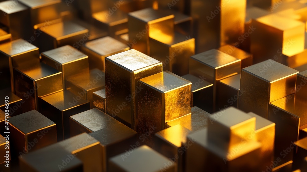 Poster golden metallic cubes in abstract 3d arrangement, illuminated by warm light.