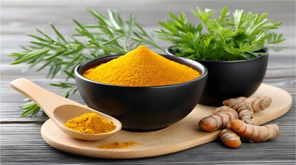A vibrant display of turmeric powder in a black bowl with fresh coriander leaves, complemented by turmeric roots. Ideal for culinary or health-related themes.
