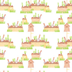 Hand drawn watercolor hyacinth bulbs with green leaves in boxes with tools, rustic seamless pattern isolated on white background. Can be used for textile, fabric, scrapbook and other printed products.