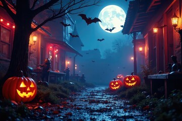 Spooky Halloween monster mash party scene with cobwebs, bats, and monstrous decorations , ghastly, tombstones, creepy