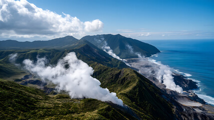 Geothermal Plant Piping On Rugged Coastal Ridge With Steam Trail, Ideal For Renewable Heat Infrastructure Visuals, Earth Energy Branding, And Environmental Tech Media