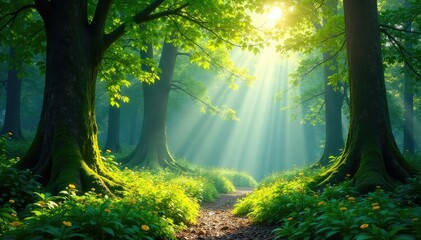Naklejka premium Sunlight dappling through lush forest canopy, showcasing vibrant green foliage and tree trunks , overgrowth, growth