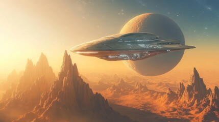 Obraz premium Alien spacecraft over a desert planet