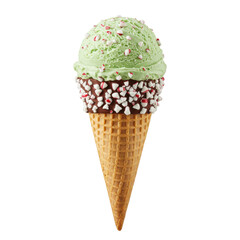 Delicious mint ice cream cone topped with chocolate and peppermint pieces against a plain background