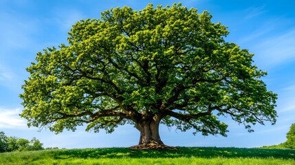 Fototapeta premium Majestic Oak Tree in Lush Green Meadow under Blue Sky