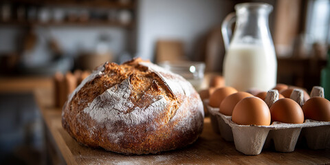 Close-up of rustic sourdough bread, eggs, and milk pitcher on wooden surface, showcasing homemade baking and fresh ingredients, representing wholesomeness and rustic charm