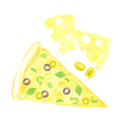 Hand drawn watercolor pizza slice with cheese and olives composition. Illustration of food isolated on white background. Can be used for label, card, scrapbook and other printed products.