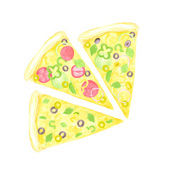 Hand drawn watercolor pizza slices composition. Illustration of food isolated on white background. Can be used for label, card, scrapbook and other printed products.