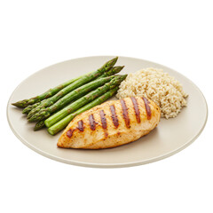 Grilled chicken breast served with asparagus and rice on a neutral plate (1)