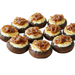 Savory stuffed mushrooms topped with caramelized onions on a white background