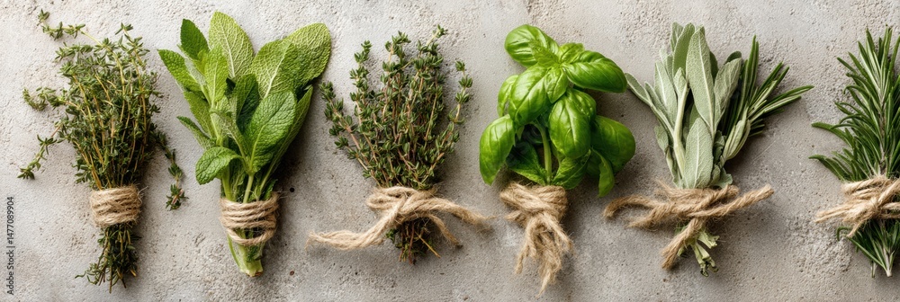 Poster Fresh Assorted Herbs Bundled With Twine on a Neutral Background Showcasing Their Vibrant Colors and Textures