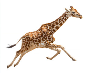 A running giraffe with extended legs and arched neck, moving rightward, against a plain white background Its coat has irregular patches separated by white lines - AI-Generated