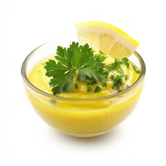 Close up of yellow sauce in glass bowl garnished with parsley and lemon wedge on white background studio shot