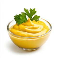 Mustard in glass bowl topped with parsley sprig studio shot on white background close up food photography