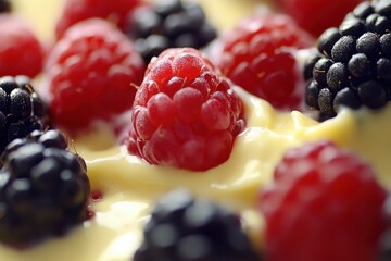 Close-up of Raspberries and Blackberries on Custard Dessert, Macro Food Photography, Sweet Treat