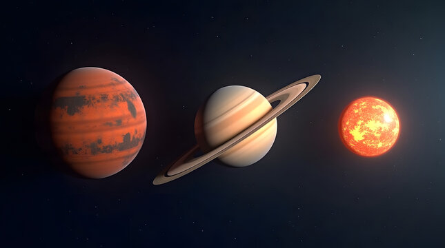 A stunning visualization of a red gas giant, Saturn with its iconic rings, and a bright sun in a cosmic setting. - Powered by Adobe