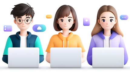 Three young professionals engaged in digital work, focused on their laptops with colorful icons illustrating online communication and collaboration tools in a modern environment.