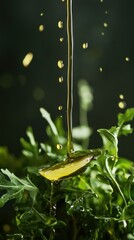 Olive Oil Drizzling onto Arugula Salad with Green Background Close Up Studio Shot Delicious and Healthy Food Preparation