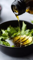Olive oil pouring onto salad of arugula and pear in black bowl studio shot close up healthy eating preparation