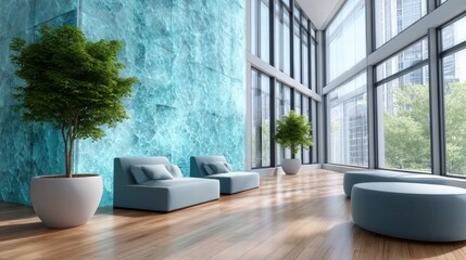 Fototapeta premium Modern Corporate Headquarters Interior with Natural Light and Greenery in a Refreshing Atmosphere