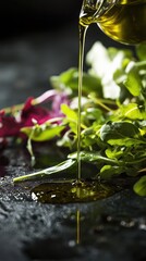 Olive oil pouring over fresh green salad leaves studio shot close up food photography dark moody background