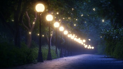 A row of streetlights in a park at night, their soft glow illuminating the path and surrounding trees