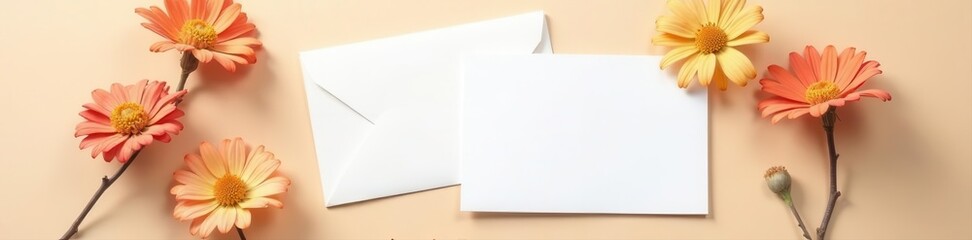 Two white cards, envelope, dried blooms, beige surface, floral, beige background, flatlay