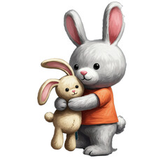 Adorable bunny hug: A loving embrace of a plush rabbit and its toy friend