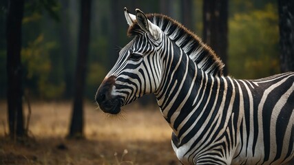 Wild animal zebra in front of a forest background