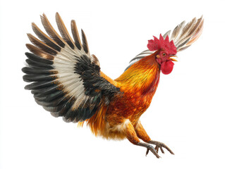 Fototapeta premium Detailed illustration of a vibrant, three-quarter profile rooster with raised foot Yellow, orange, and red colors dominate the body, head, and crest Black feathers with white speckles - AI-Generated