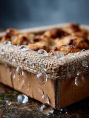 Close-up of freshly baked cookies in a cardboard box with water droplets on burlap cloth surface
