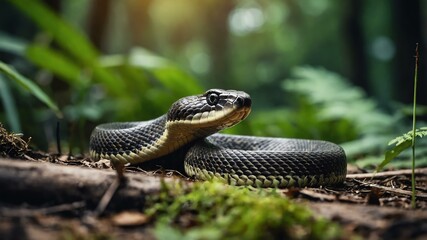 Fototapeta premium Wild animal snake in front of a forest background