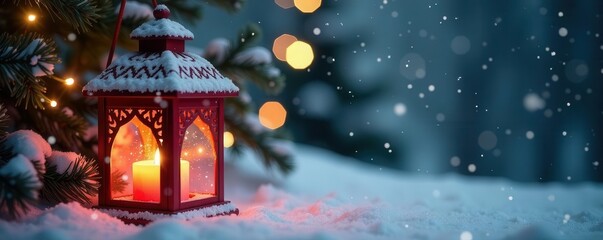 Ornate Christmas lantern, snow-covered, festive decorations , xmas, metal, craft