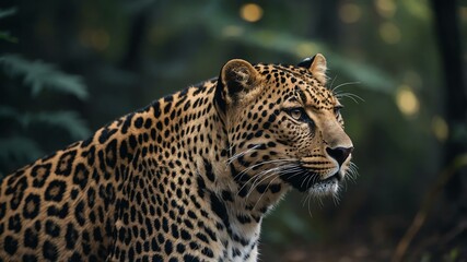 Wild animal leopard in front of a forest background