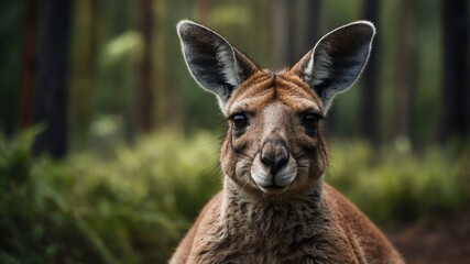Wild animal kangaroo in front of a forest background