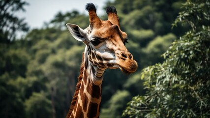 Obraz premium Wild animal giraffe in front of a forest background